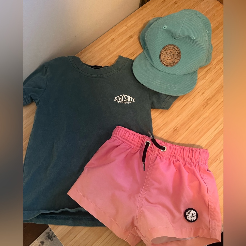 Binky Bros clothing lot, hat, tee shirt and swim shorts